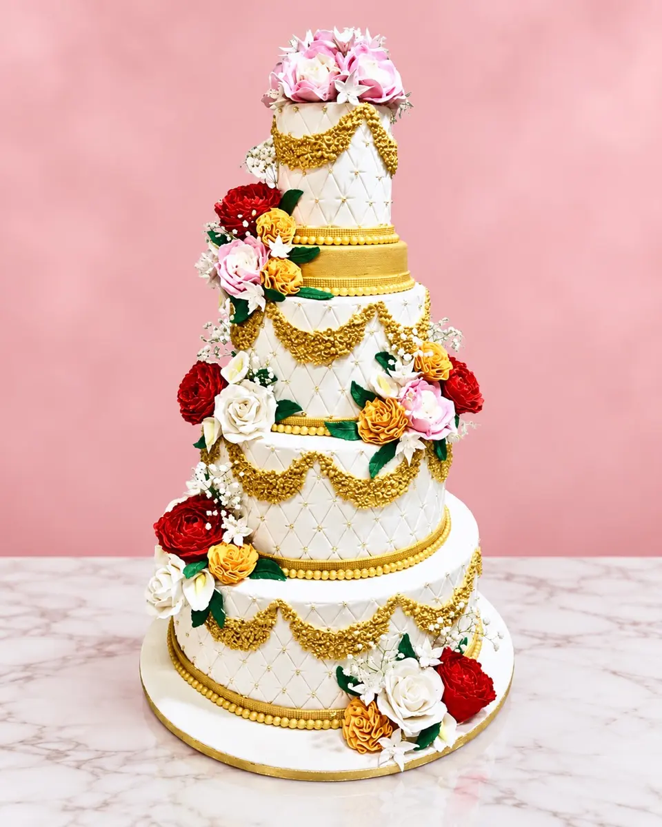 Five-tier wedding cake — gold and sugar roses