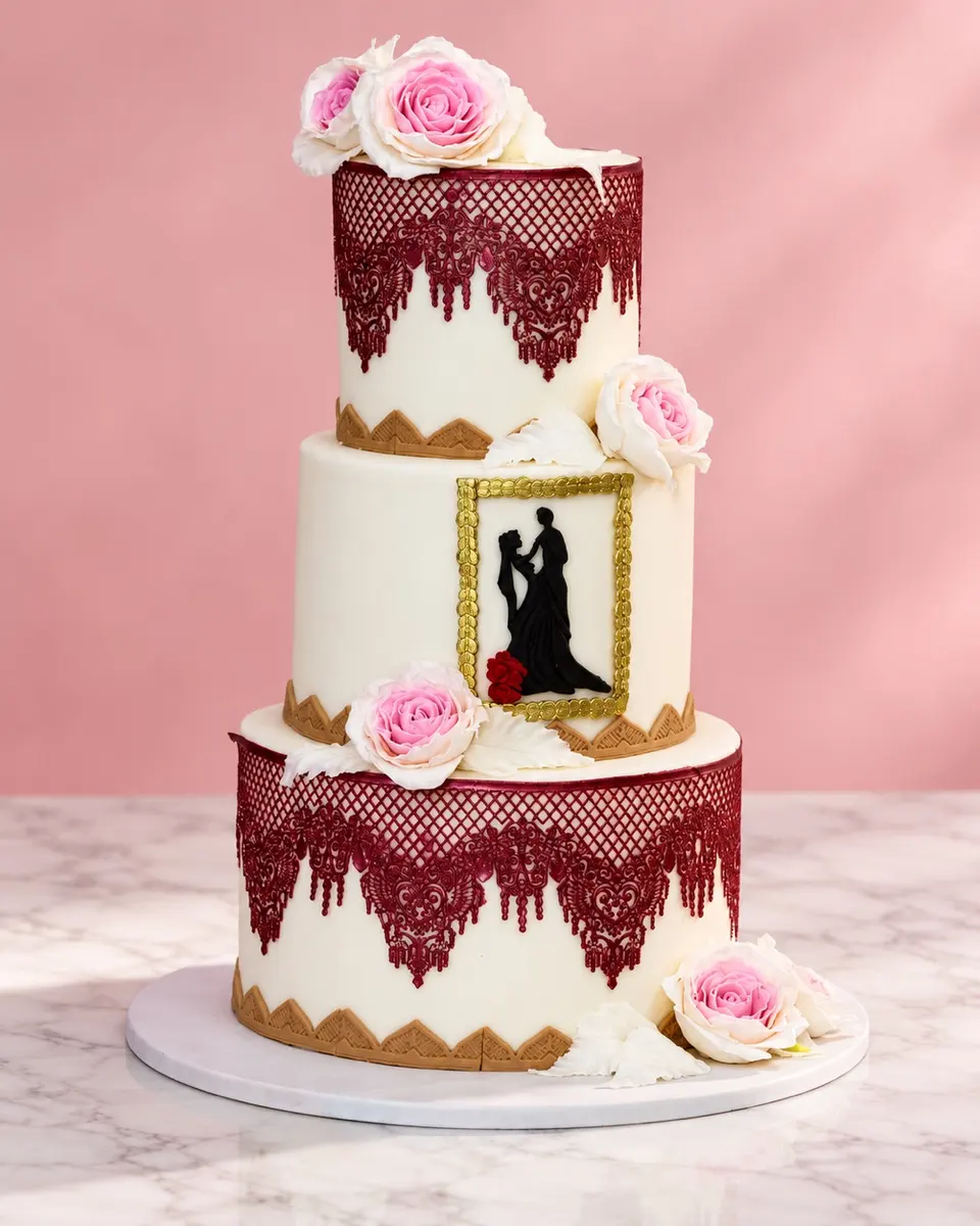 Three-tier wedding cake — lace and silhouette