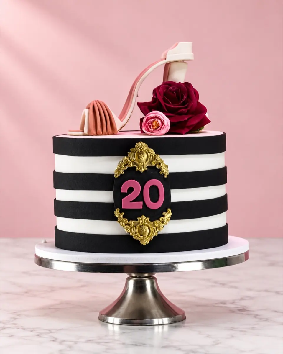 Striped birthday cake with sugar heel