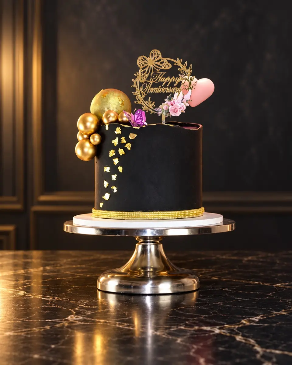 Black and gold anniversary cake