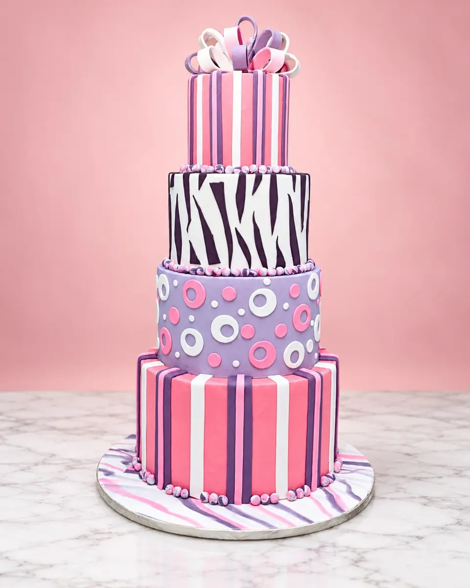 Four-tier pink and zebra cake