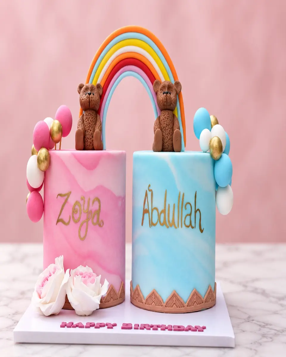 Twin rainbow cakes with teddies