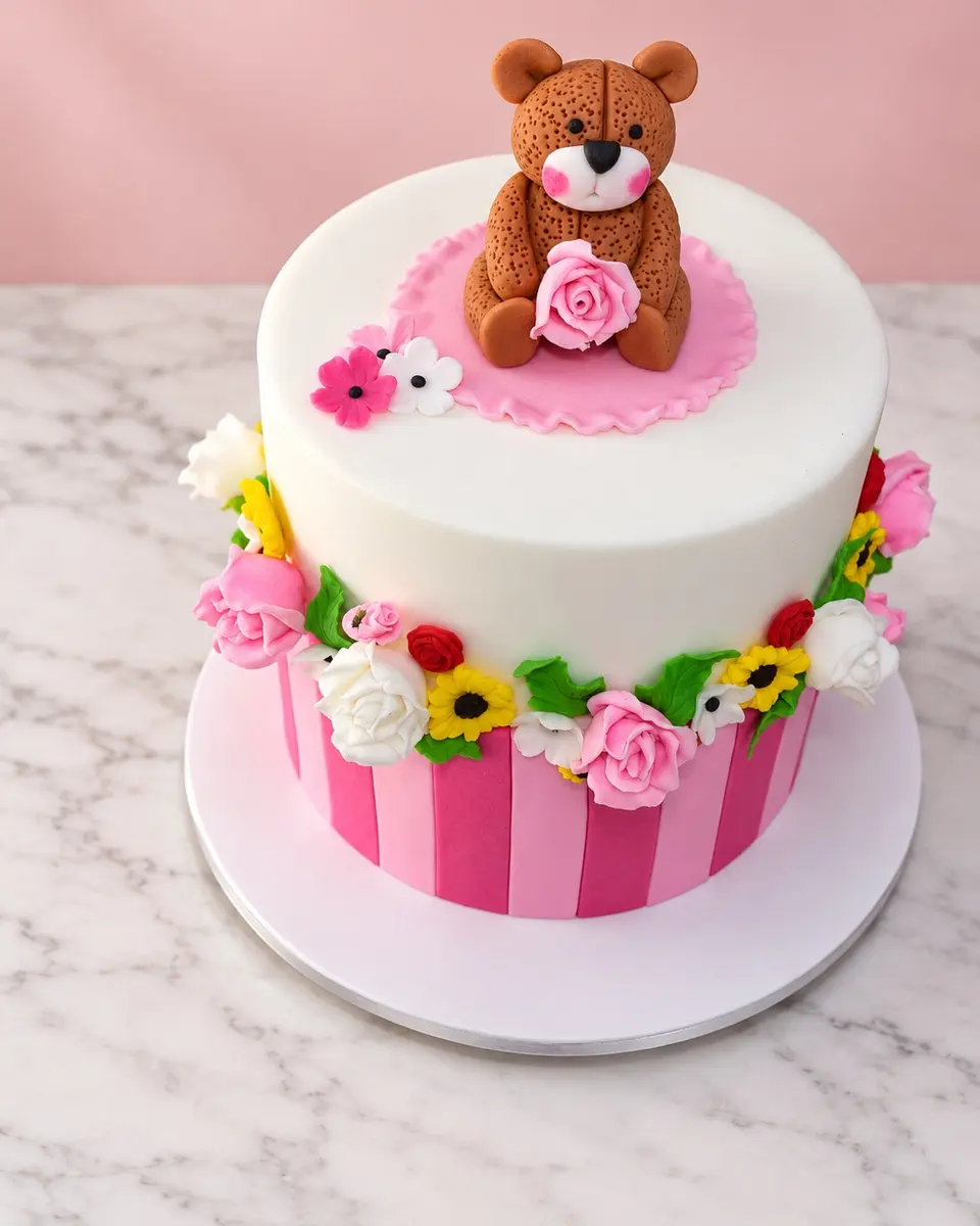 Teddy cake with sugar flowers