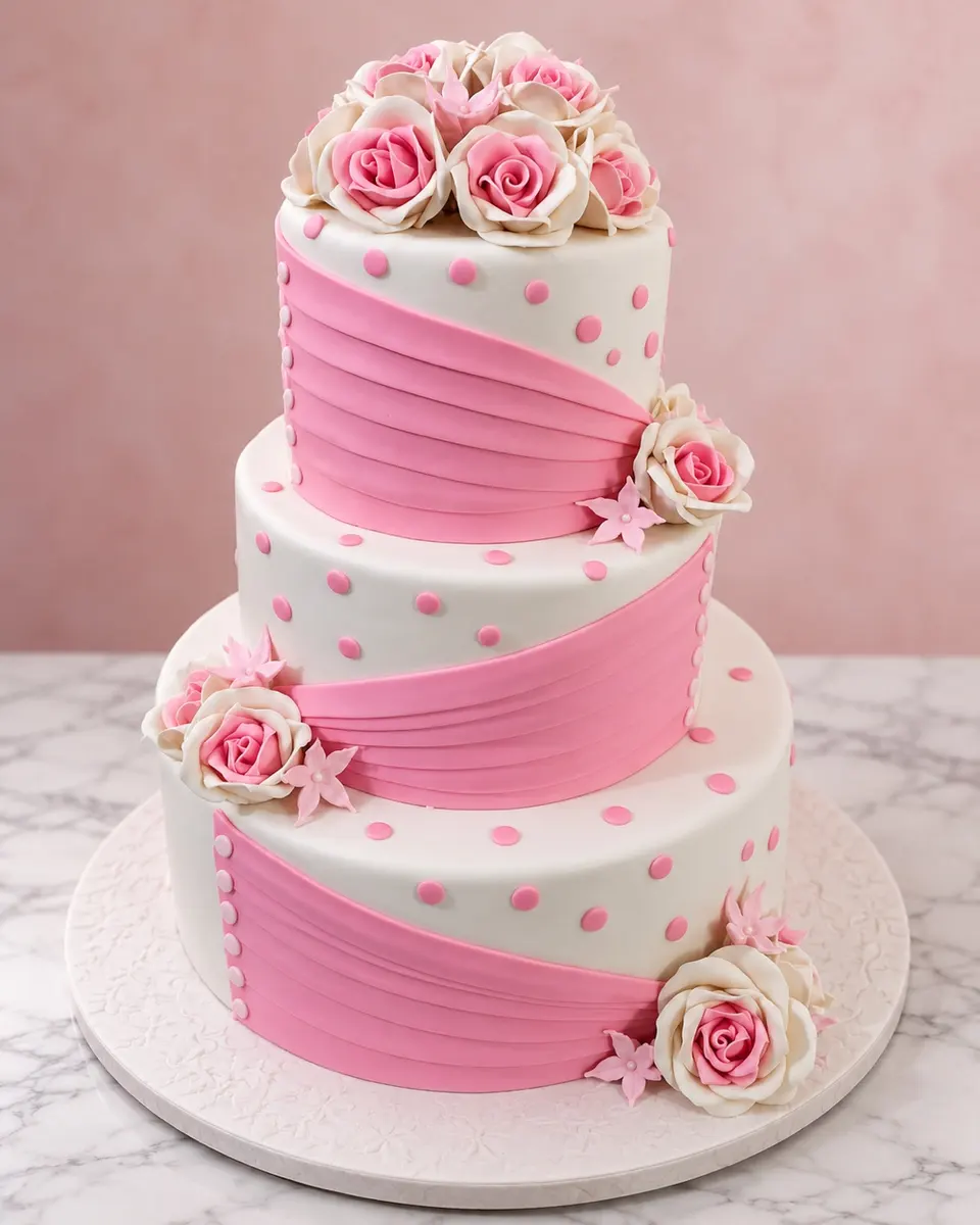 Three-tier pink rose cake