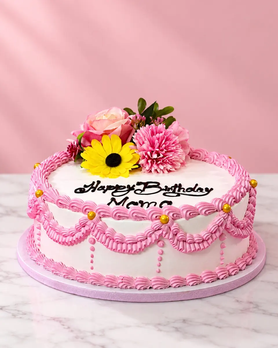 Piped cream birthday cake with flowers