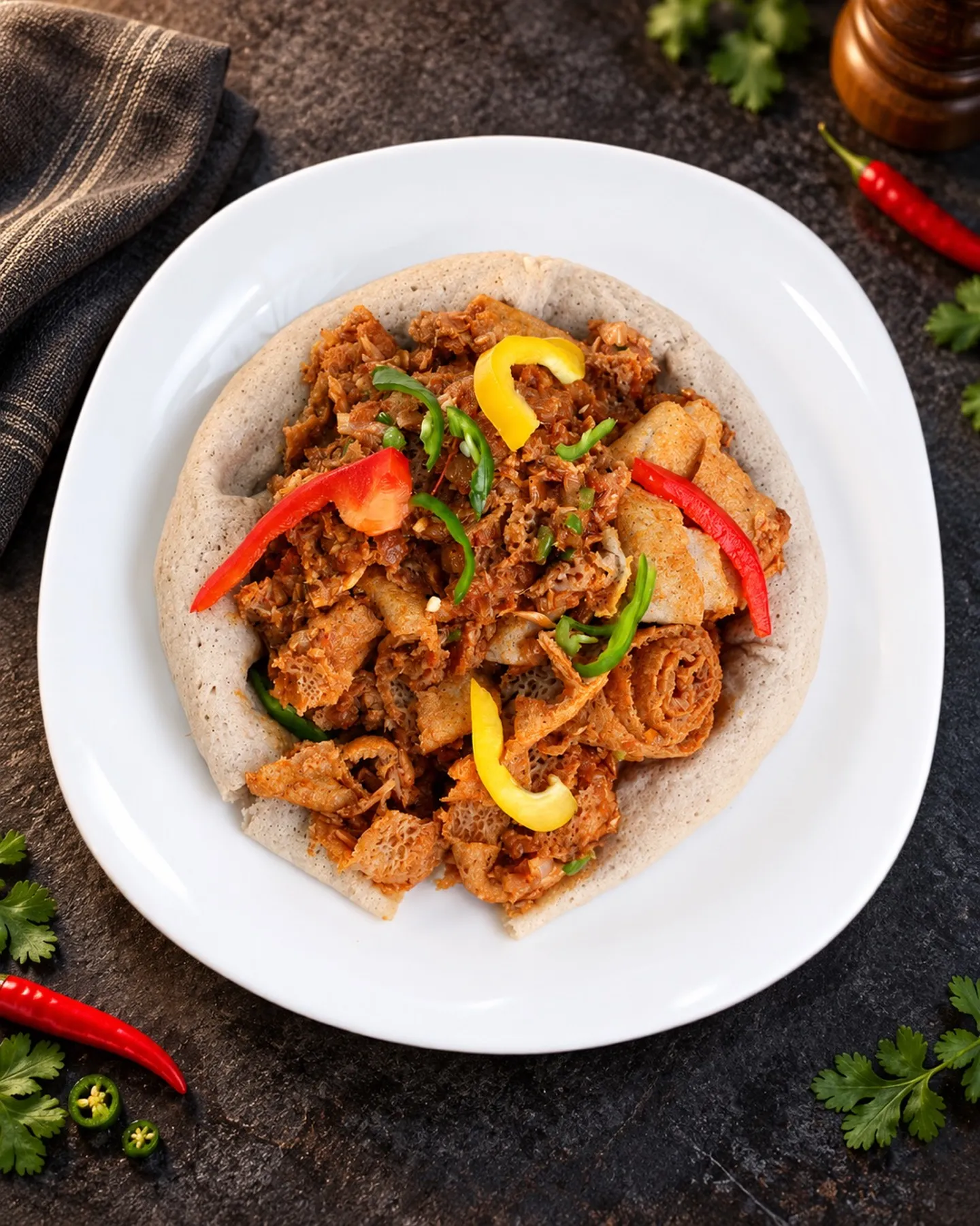 Tibs with peppers on injera