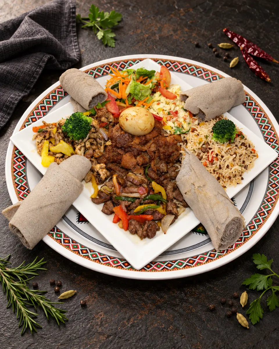 Combination platter — tibs, rice, egg and salad