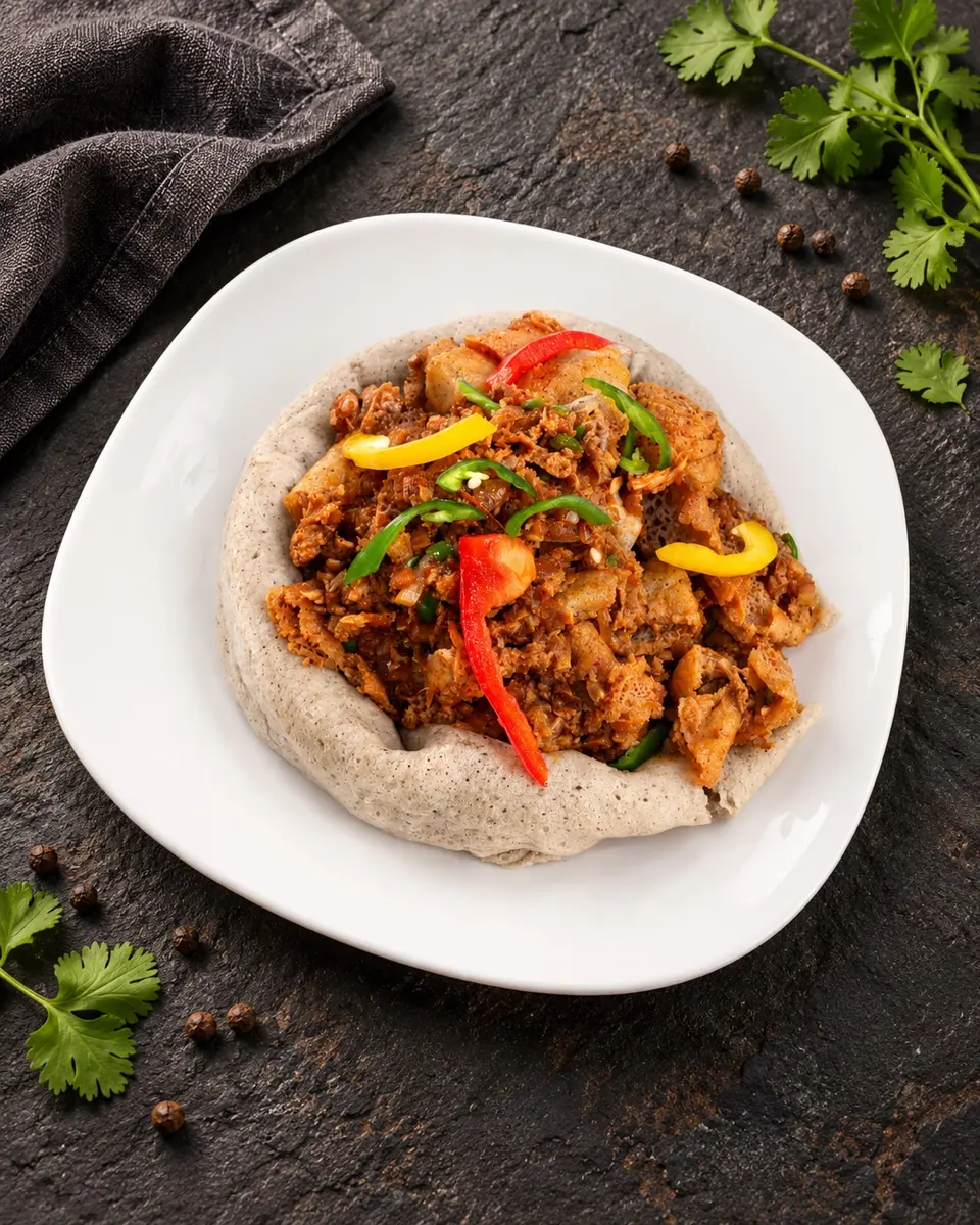 Tibs on injera — close