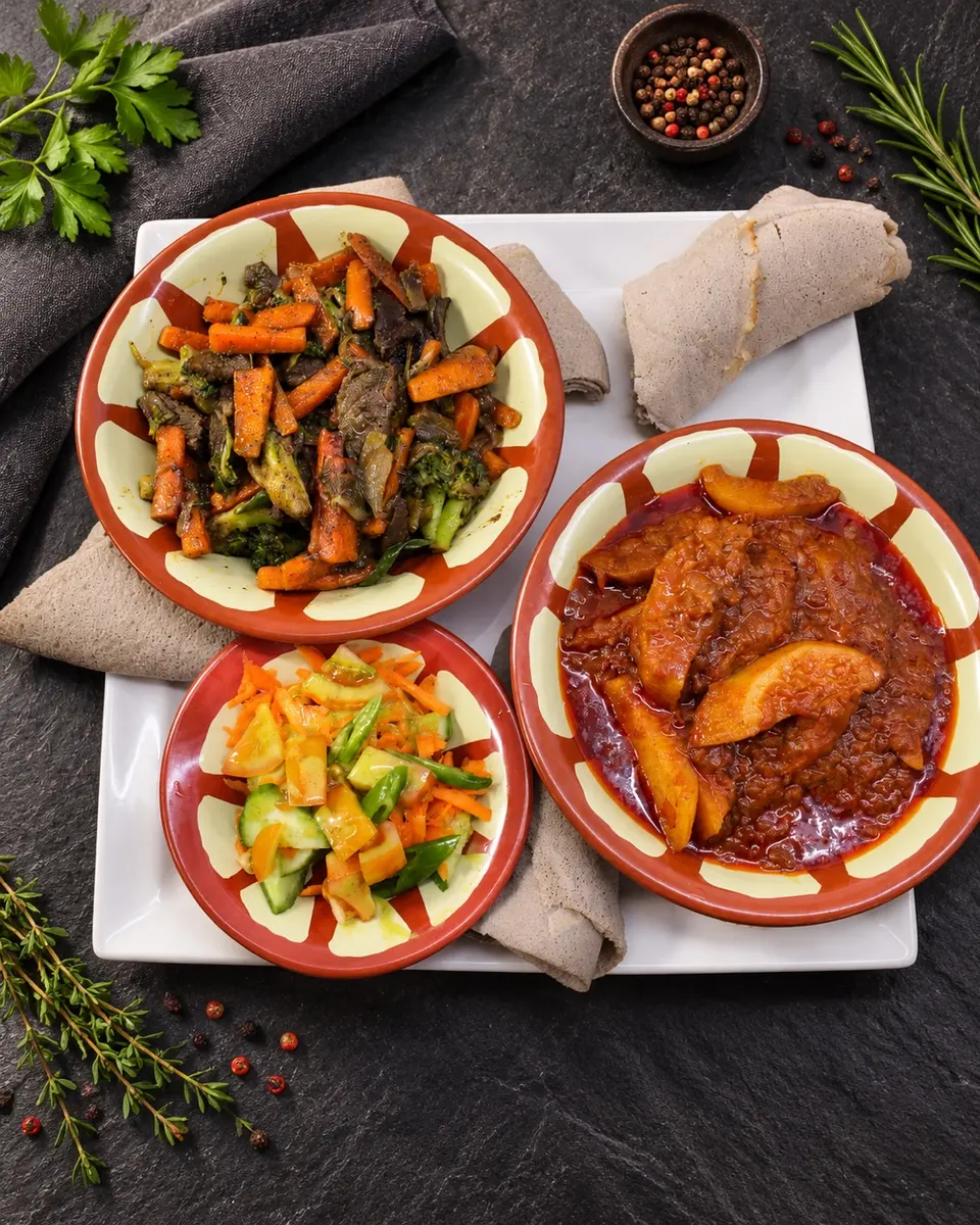 Three-bowl set with injera