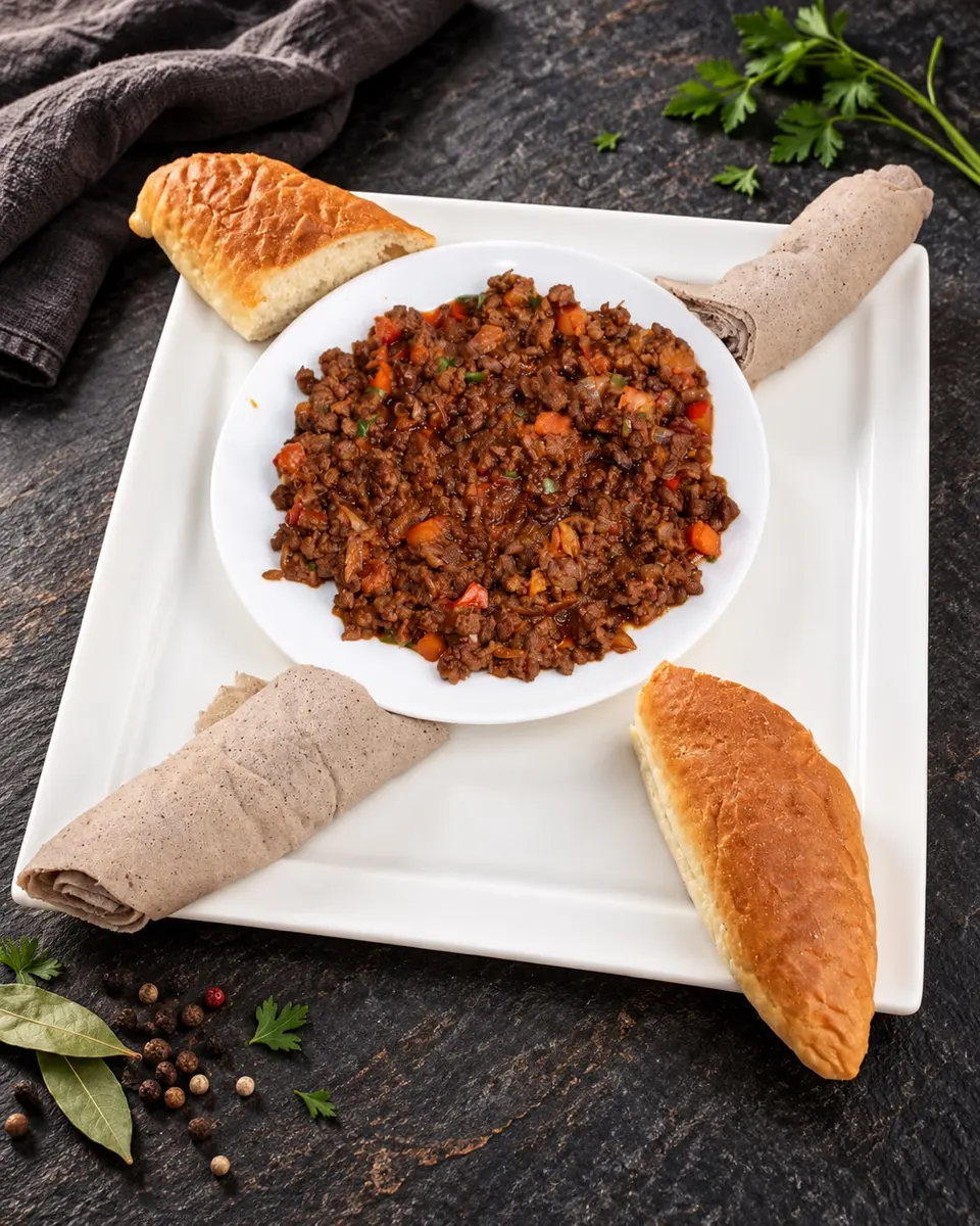 Minced beef — square plate, top view